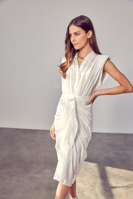 Sleeveless Draped Ivory Button Front Tie Dress