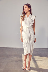 Sleeveless Draped Ivory Button Front Tie Dress