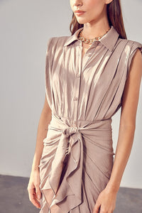 Sleeveless Draped Ivory Button Front Tie Dress