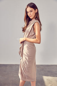 Sleeveless Draped Ivory Button Front Tie Dress