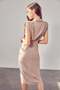 Sleeveless Draped Ivory Button Front Tie Dress