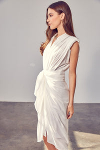 Sleeveless Draped Ivory Button Front Tie Dress