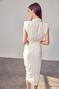 Sleeveless Draped Ivory Button Front Tie Dress