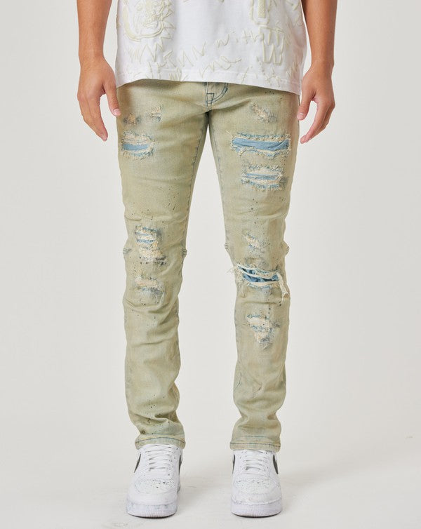 Men's Distressed Light Sand Slim Fit Denim Jeans