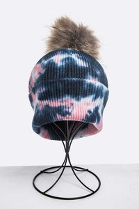 Tie Dyed Natural Natural Genuine Fur Pom Beanie