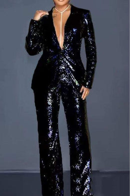 Exclusive Luxury Black Sequin Glitter Long Sleeve Blazer & Pants Suit