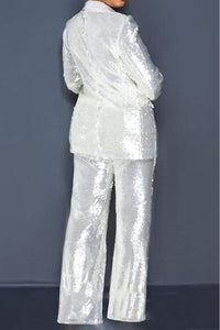Exclusive Luxury White Sequin Glitter Long Sleeve Blazer & Pants Suit