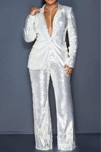 Exclusive Luxury White Sequin Glitter Long Sleeve Blazer & Pants Suit