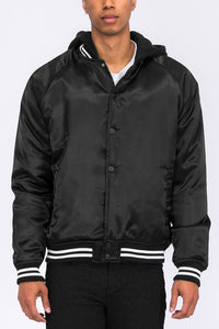 Men's Satin Black Varsity Bomber Jacket w/Hood