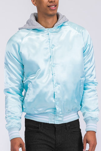 Men's Satin Crystal Blue Varsity Bomber Jacket w/Hood