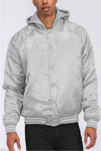 Load image into Gallery viewer, Men&#39;s Satin Black Varsity Bomber Jacket w/Hood