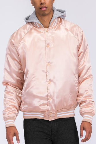 Men's Satin Rose Varsity Bomber Jacket w/Hood