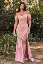 Load image into Gallery viewer, Soft Rose Pink Draped Off Shoulder Sweetheart High Slit Maxi Gown