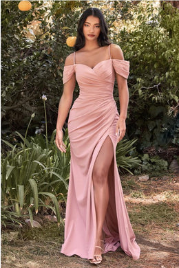 Soft Rose Pink Draped Off Shoulder Sweetheart High Slit Maxi Gown