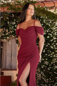Burgundy Red Draped Off Shoulder Sweetheart High Slit Maxi Gown