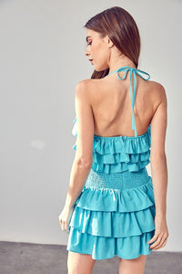 Aqua Blue Smocked Waist Ruffle Romper