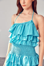 Load image into Gallery viewer, Aqua Blue Smocked Waist Ruffle Romper