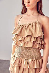 Smocked Waist Taupe Ruffle Romper