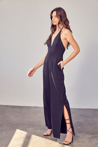 Glam Black Deep V Neck Wide Leg Jumpsuit