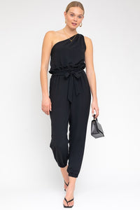 Black Sleeveless One Shoulder Waist Tie Jumpsuit