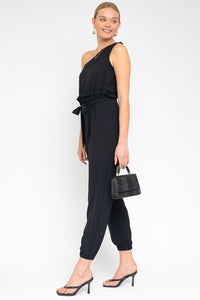 Black Sleeveless One Shoulder Waist Tie Jumpsuit