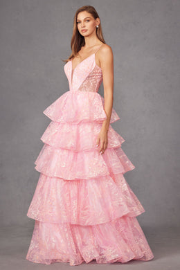 Eternal Pink Layered Ruffled Glitter Ballgown Prom Dress