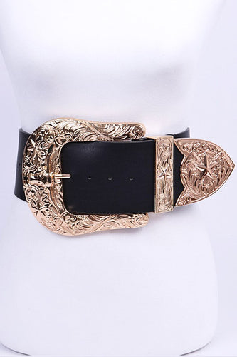 Plus Size Engraved Gold Buckle Oversize Statement Belt