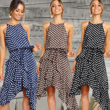 Load image into Gallery viewer, Blue Polkadot Haleter Sleeveless Asymmetrical Dress