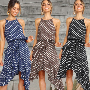 Blue Polkadot Haleter Sleeveless Asymmetrical Dress