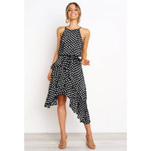 Load image into Gallery viewer, Blue Polkadot Haleter Sleeveless Asymmetrical Dress