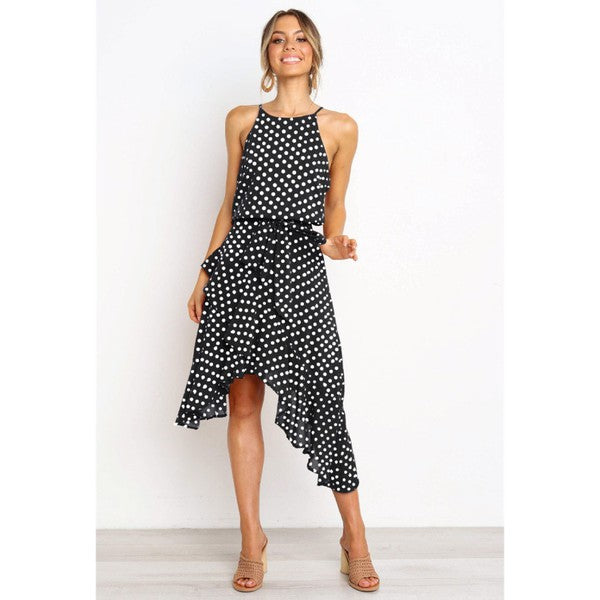 Blue Polkadot Haleter Sleeveless Asymmetrical Dress