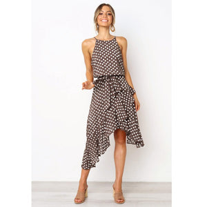 Blue Polkadot Haleter Sleeveless Asymmetrical Dress