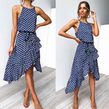 Load image into Gallery viewer, Blue Polkadot Haleter Sleeveless Asymmetrical Dress