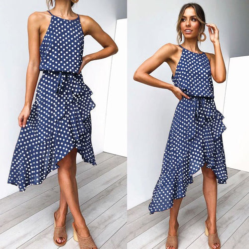 Blue Polkadot Haleter Sleeveless Asymmetrical Dress