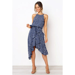 Blue Polkadot Haleter Sleeveless Asymmetrical Dress