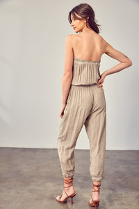 Raw Edge Blue Strapless Detail Tube Jumpsuit