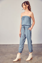 Load image into Gallery viewer, Raw Edge Blue Strapless Detail Tube Jumpsuit