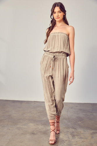 Raw Edge Taupe Strapless Detail Tube Jumpsuit