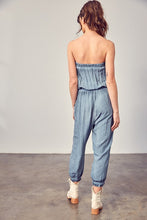 Load image into Gallery viewer, Raw Edge Blue Strapless Detail Tube Jumpsuit