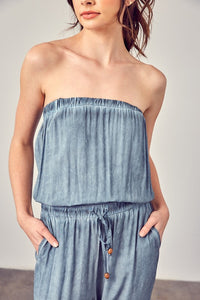 Raw Edge Blue Strapless Detail Tube Jumpsuit