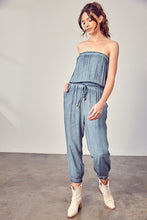 Load image into Gallery viewer, Raw Edge Blue Strapless Detail Tube Jumpsuit