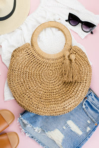 Boho Style Beige Straw Tassel O-Ring Tote Bag