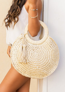 Boho Style Beige Straw Tassel O-Ring Tote Bag