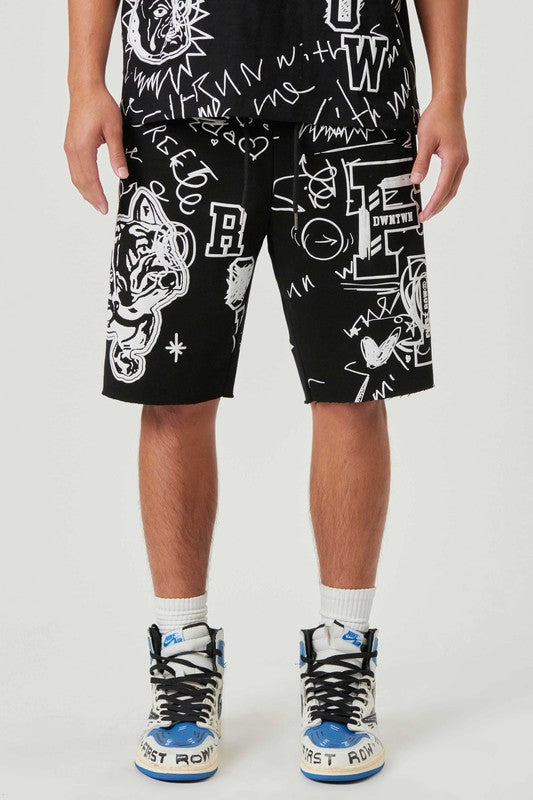 Allover Hand Doodling Puff Print Shorts