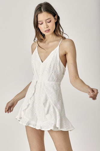 Playful White Overlap Ruffled Cami Romper