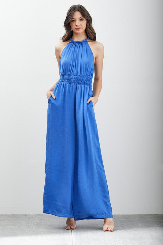 Capri Blue Halter Wide Leg Sleeveless Jumpsuit