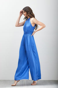 Capri Blue Halter Wide Leg Sleeveless Jumpsuit