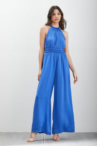 Capri Blue Halter Wide Leg Sleeveless Jumpsuit