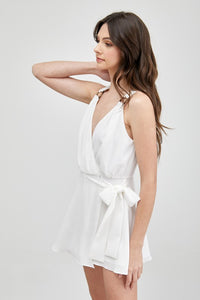 Fashionable White Trim Detail Side Tie Romper