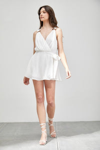 Fashionable White Trim Detail Side Tie Romper